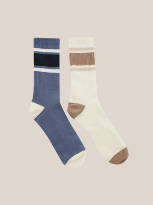 2 Pack Stripe Crew Socks Blue / Beige